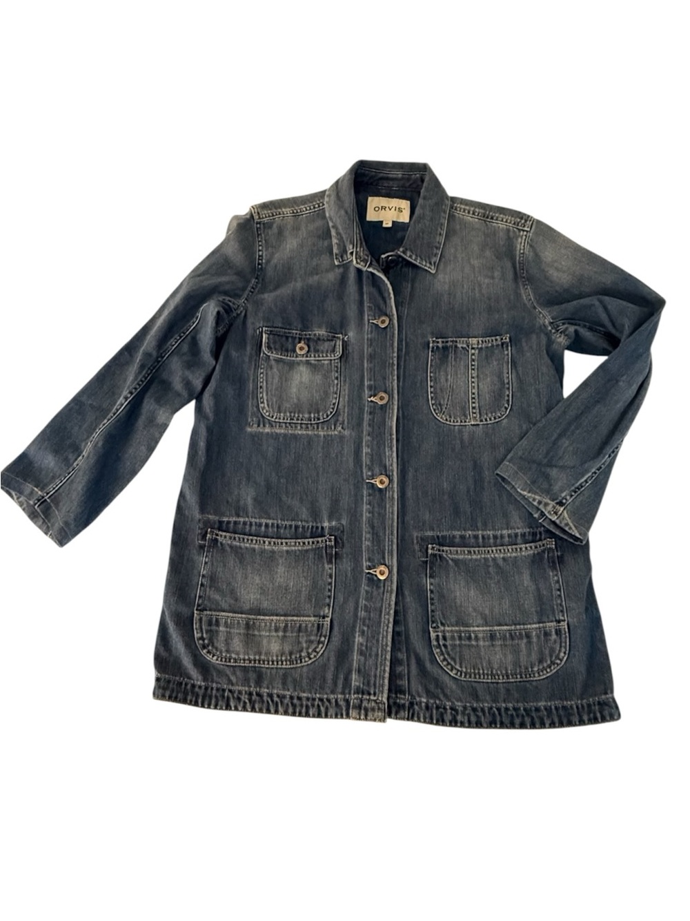 ORVIS Womens Medium Denim Chore Jacket Utility Barn Coat Blue Heritage Style - Picture 2 of 10